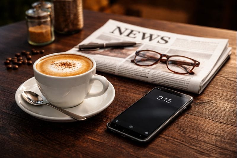 Frühstück mit Kaffee und Brötchen