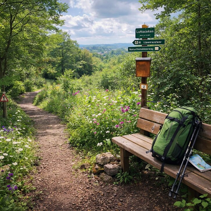 Wanderweg durch den Wald mit Wegweiser
